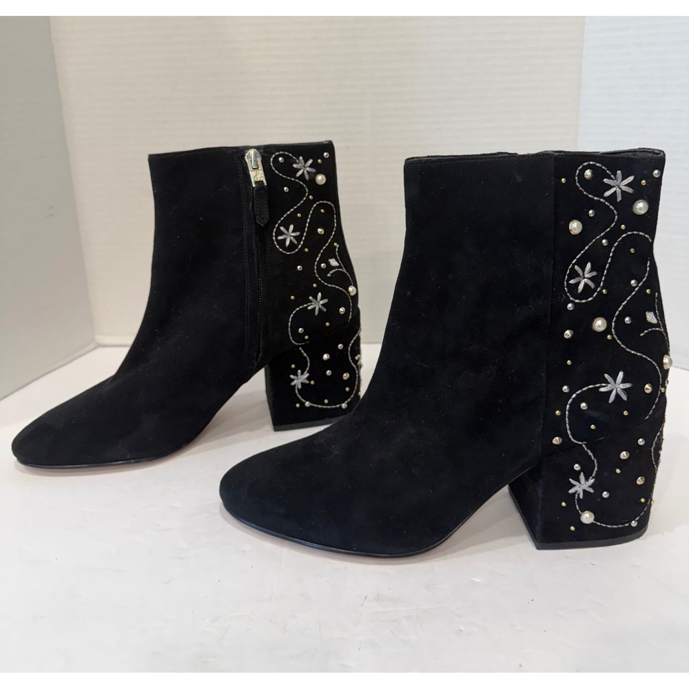 Sam Edelman Taft Pearl Celestial Black Embroidered Block Heel Zip Ankle Boot 9.5